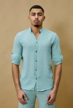 Chemise à col mao effet lin
