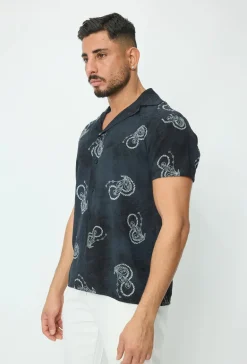 Chemise manches courtes tendance effet lin avec motif
