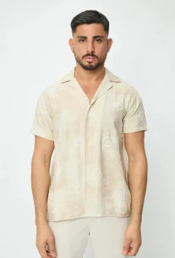 Chemise manches courtes tendance effet lin avec motif