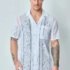 Chemise unie en dentelle manches courtes col à revers