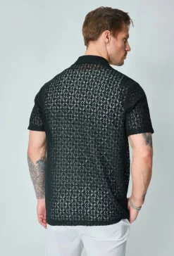 Chemise unie en dentelle manches courtes col à revers