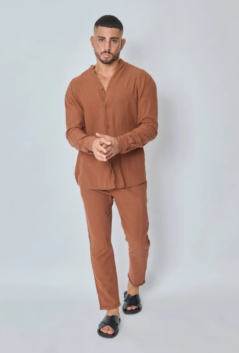Ensemble chemise pantalon décontractée effet lin