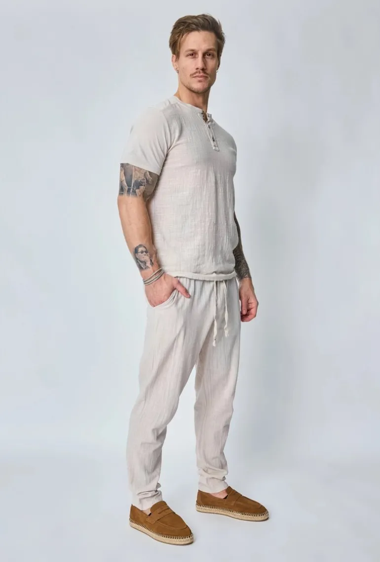 Ensemble polo pantalon uni effet lin