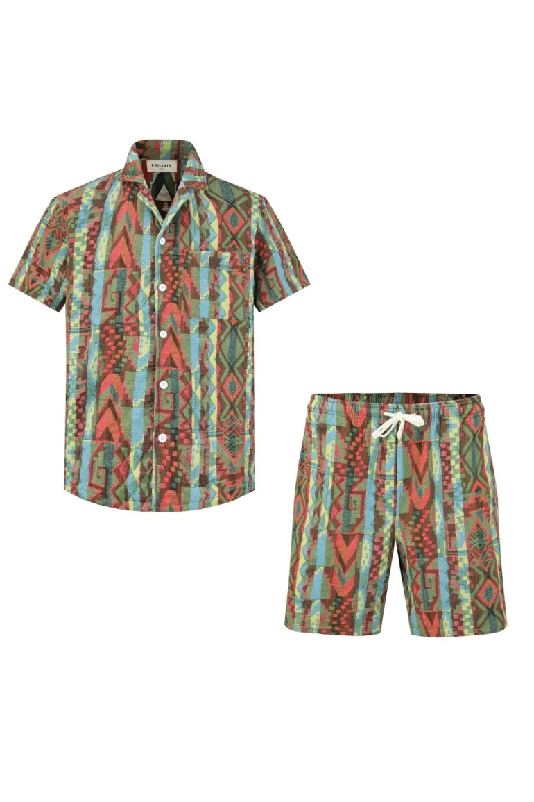 Ensemble short et chemise manche courte a motifs géométriques