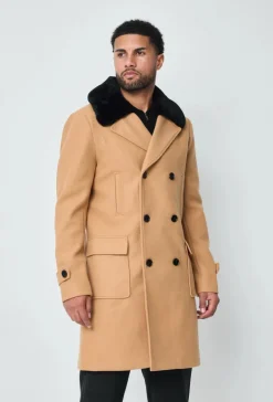 Manteau boutonné col à fourrure
