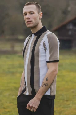 Polo en maille à manches courtes avec bandes verticales contrastées noires