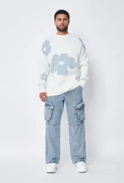 Pull col rond à motif grandes fleures