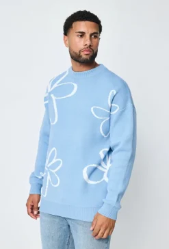 Pull col rond à motif grandes fleures