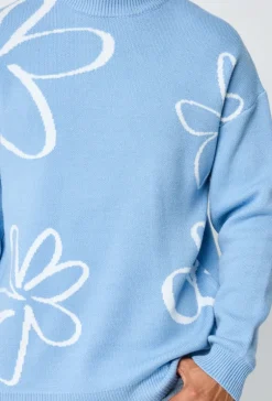 Pull col rond à motif grandes fleures