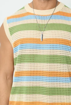 Pull sans manche en maille rayé