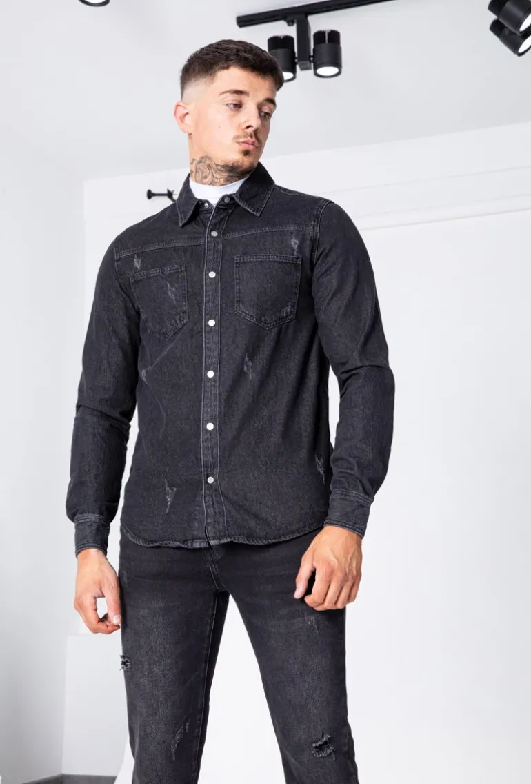 Surchemise jean cintrée à col classique avec finition usée