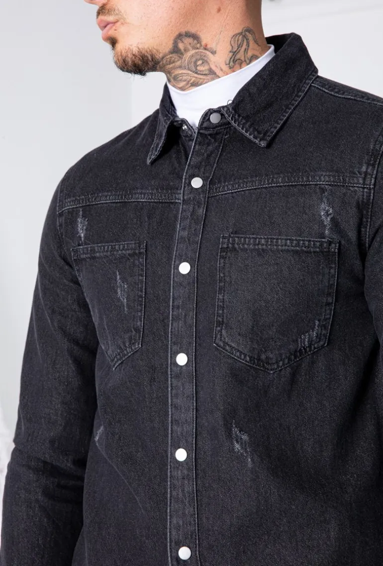 Surchemise jean cintrée à col classique avec finition usée