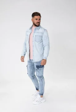Surchemise jean délavé avec finition usée