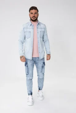 Surchemise jean délavé avec finition usée