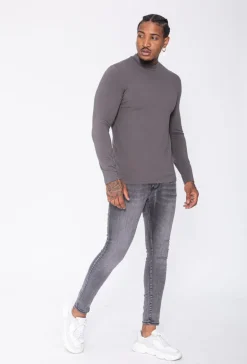 T-shirt manches longues col montant en coton de couleur uni
