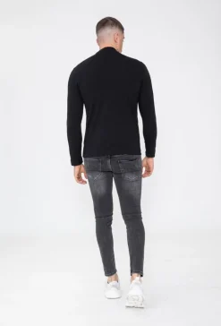 T-shirt manches longues col montant en coton de couleur uni
