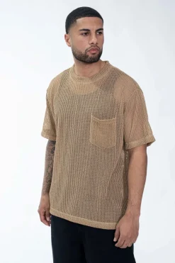 T-shirt uni en maille transparente manches courtes col rond