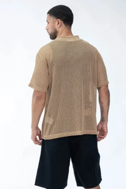 T-shirt uni en maille transparente manches courtes col rond