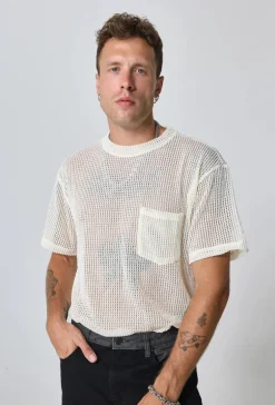 T-shirt uni en maille transparente manches courtes col rond