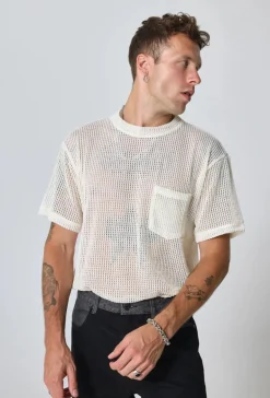 T-shirt uni en maille transparente manches courtes col rond