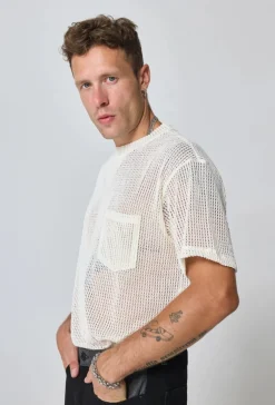 T-shirt uni en maille transparente manches courtes col rond