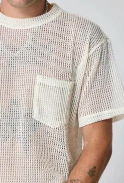 T-shirt uni en maille transparente manches courtes col rond