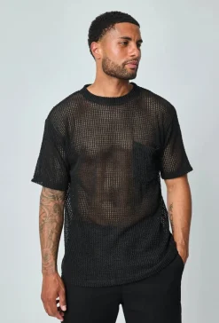 T-shirt uni en maille transparente manches courtes col rond