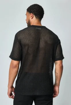 T-shirt uni en maille transparente manches courtes col rond