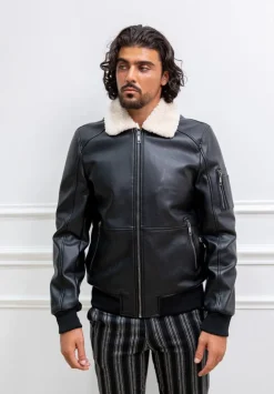 Veste bombardier simili cuire avec col moumoute