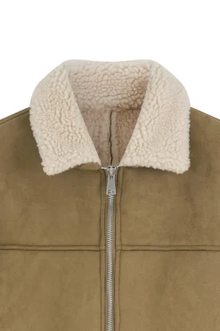 Veste en daim à zip col ouvert en moumoute