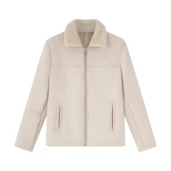 Veste en daim à zip col ouvert en moumoute