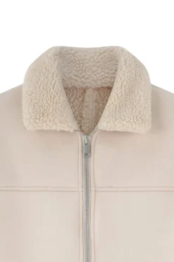 Veste en daim à zip col ouvert en moumoute